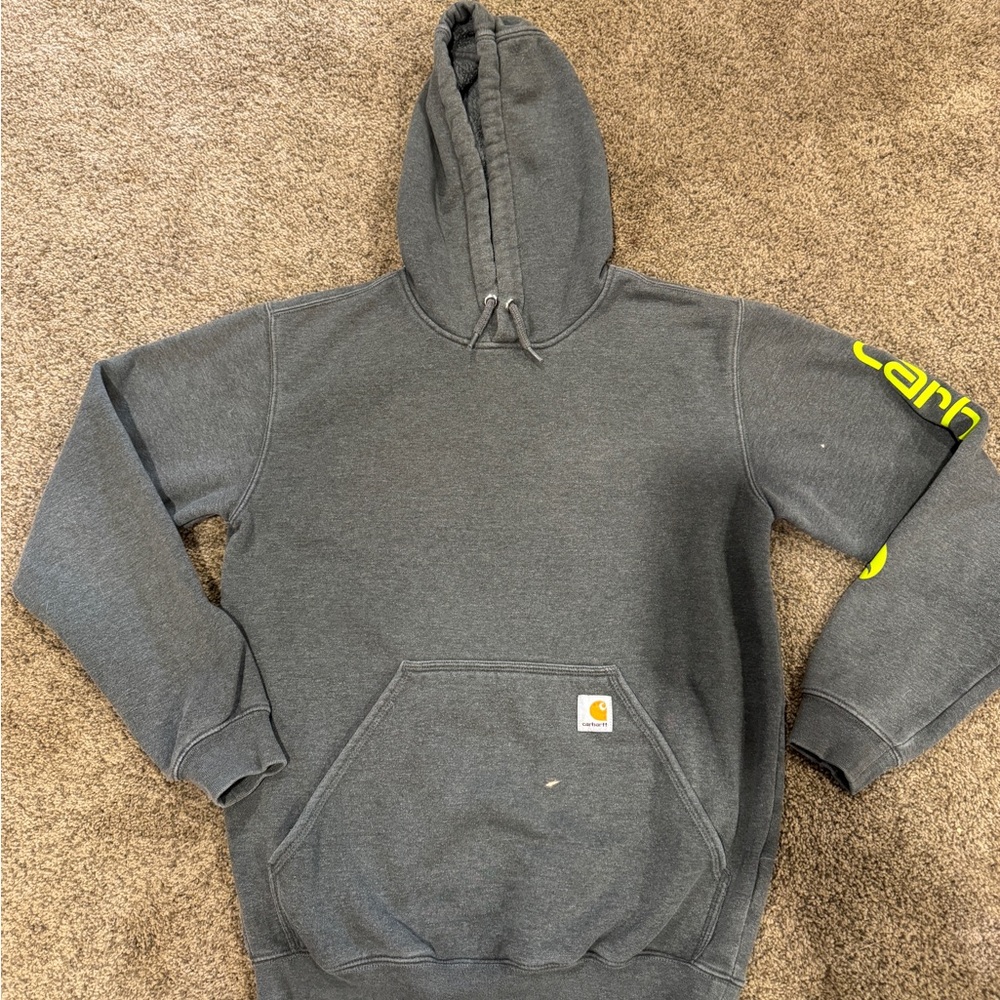 Carhartt Men's Dark Gray Hoodie with Green Logo Sleeve